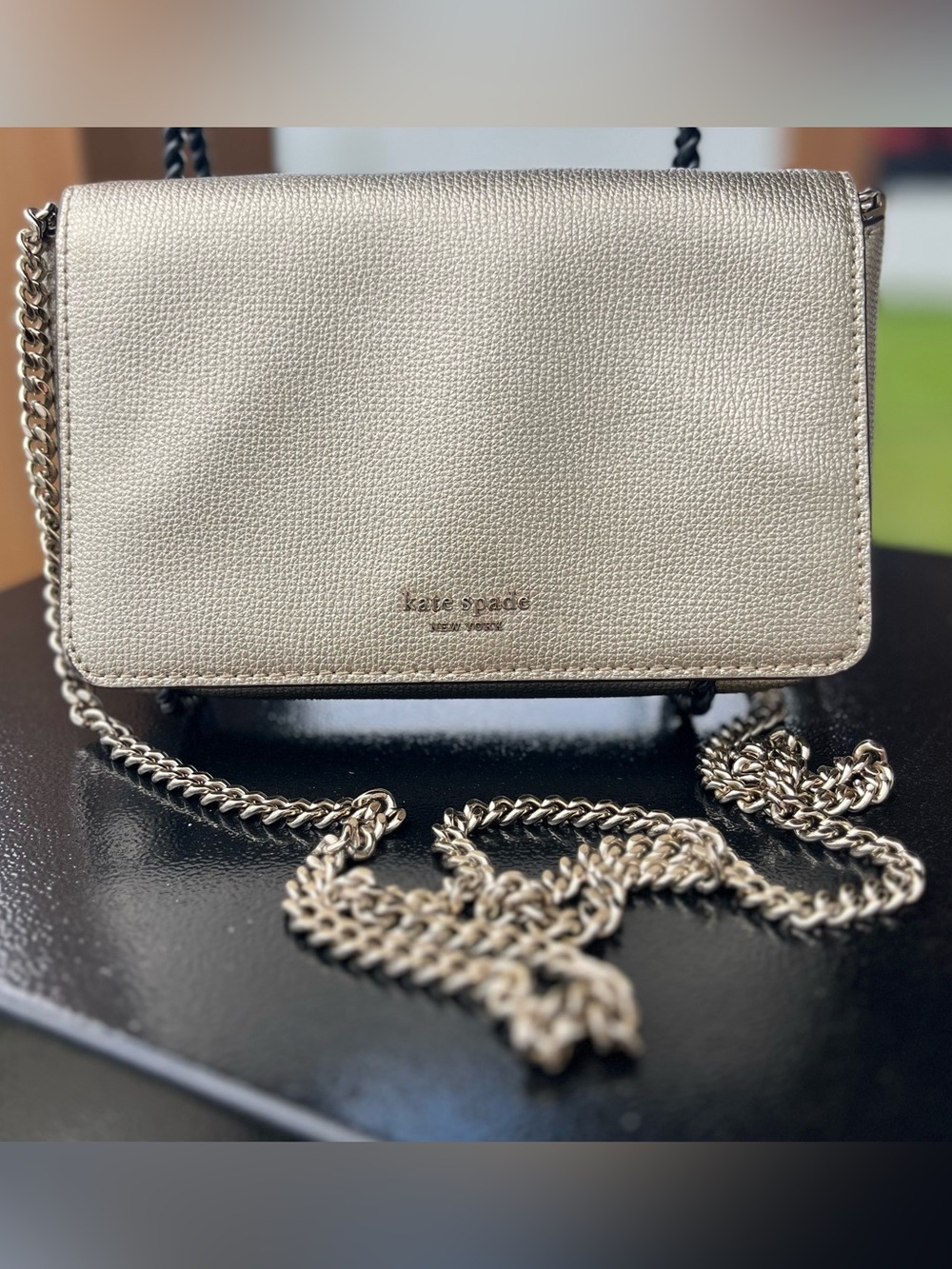 Kate Spade New York Metallic Gold Crossbody Wallet Purse Chain Strap Leather - Picture 5 of 11